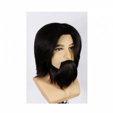 Główka z popiersiem męska z brodą - bardzo ciemny brąz - 35cm - 100% naturalne włosy - OMC